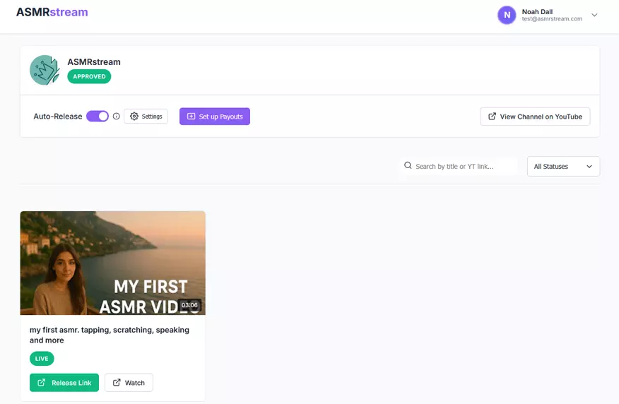 Screenshot of ASMRstream dashboard