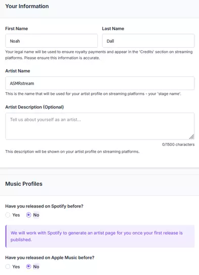 Screenshot of artist profile information form